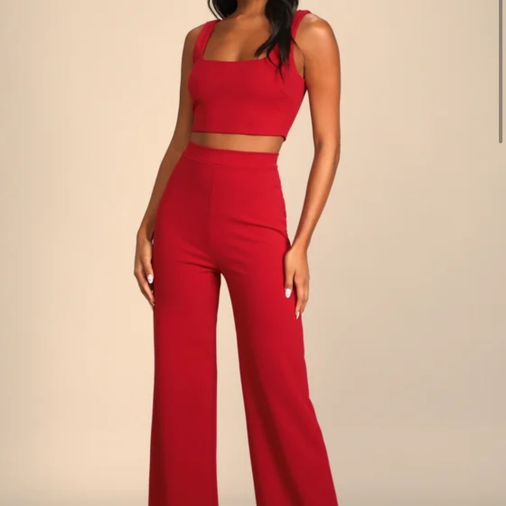 Lulus Only Tonight Red Two-Piece Wide-Leg Jumpsuit